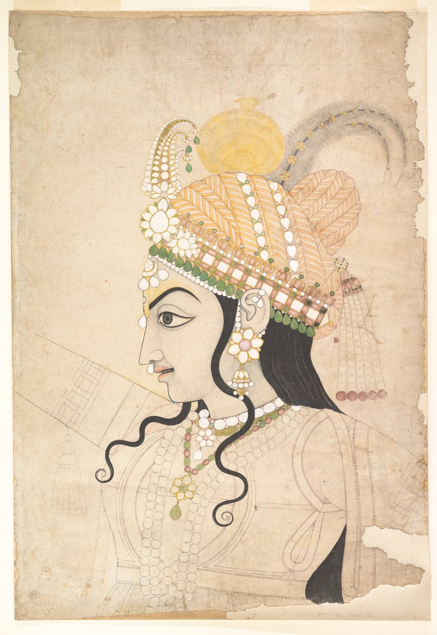 Cabeça de Krishna: desenho animado para um mural da Raslila, c.1800 (tinta e aquarela sobre papel) de Indian School