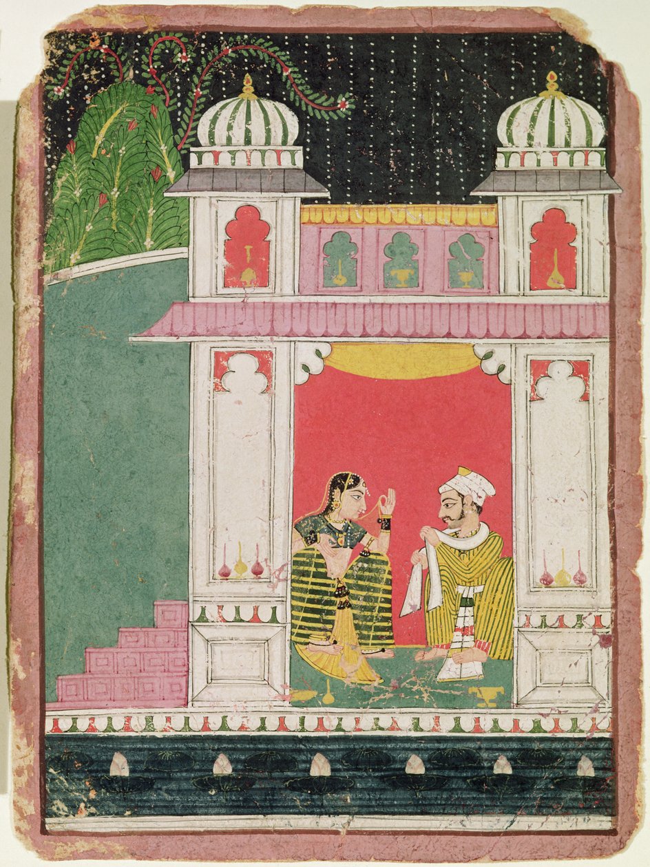 Heroína e seu amante em um pavilhão, c.1640-50 (tinta & wc no papel) de Indian School