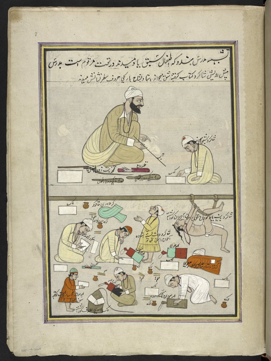 Professor hindu com alunos,  86 desenhos encadernados em um volume representando ofícios e ocupações na Caxemira, artesãos são mostrados trabalhando com seus implementos e equipamentos,  Por um artista da Caxemira, provavelmente em Srinagar, c.1850-60 (gua de Indian School