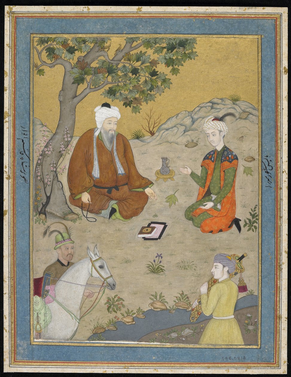 Santo homem com príncipe e atendentes, destacado álbum folio com pintura, c.1900 de Indian School