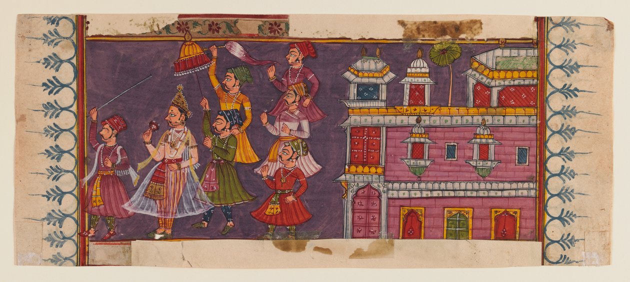Holimens e cortesãos montam antes de um príncipe (wc opaca e ouro no papel) (ver 406510 para o verso) de Indian School