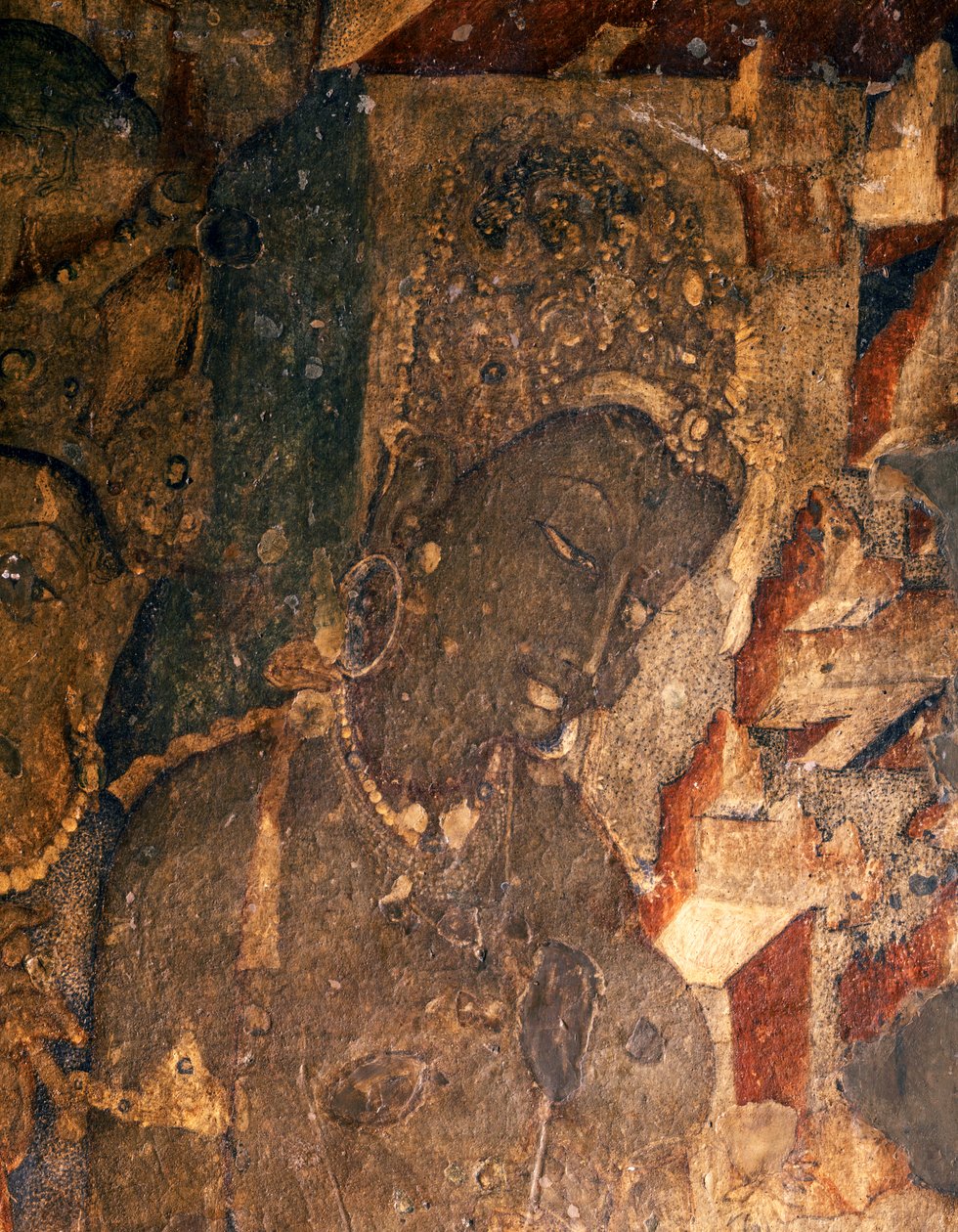 ARTE INDIANA: Afresco na Gruta Budista nº 19, século II a.C. (afresco) de Indian School