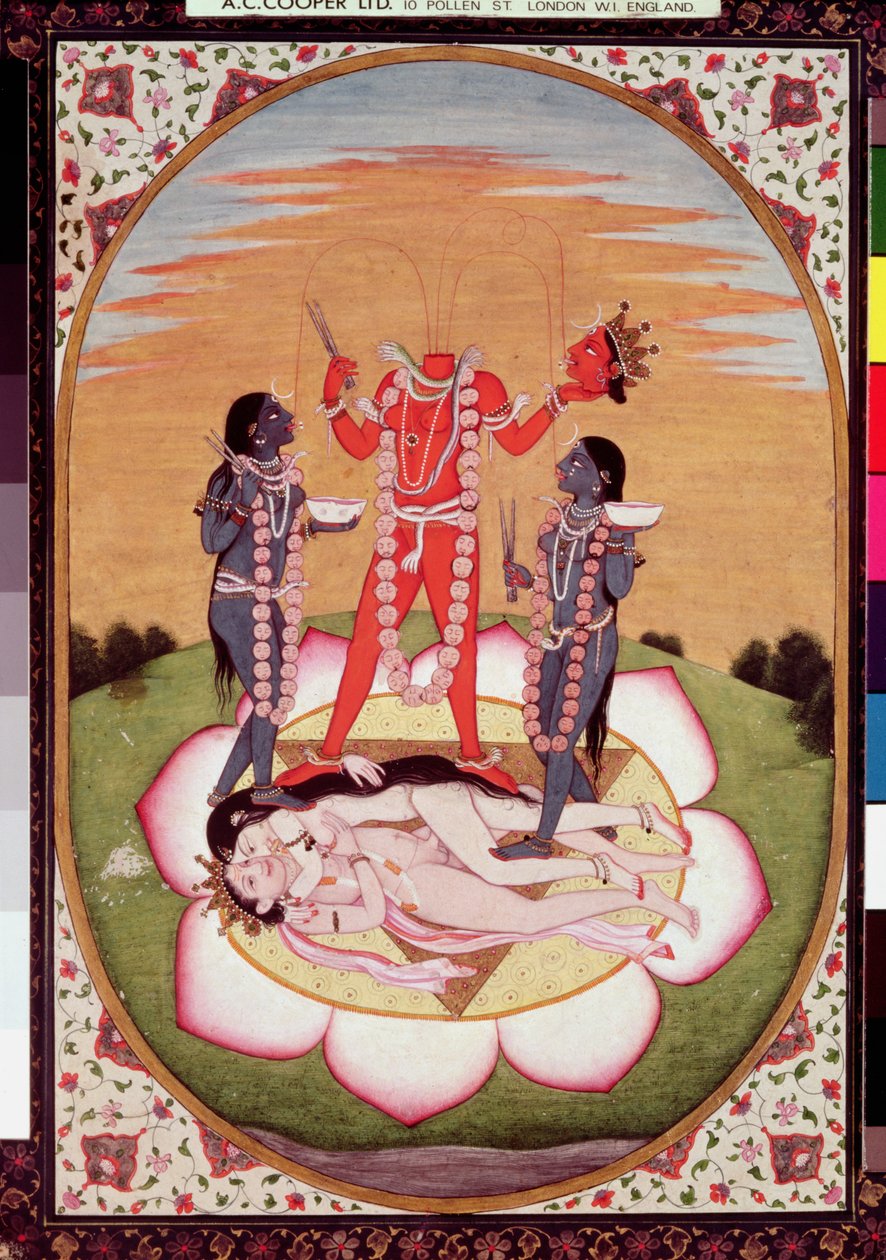 Ícone de Chinnamasta, o Mahavidya proveniente dos corpos unidos do Casal Originário, Kangra, c.1800 (guache sobre papel) de Indian School