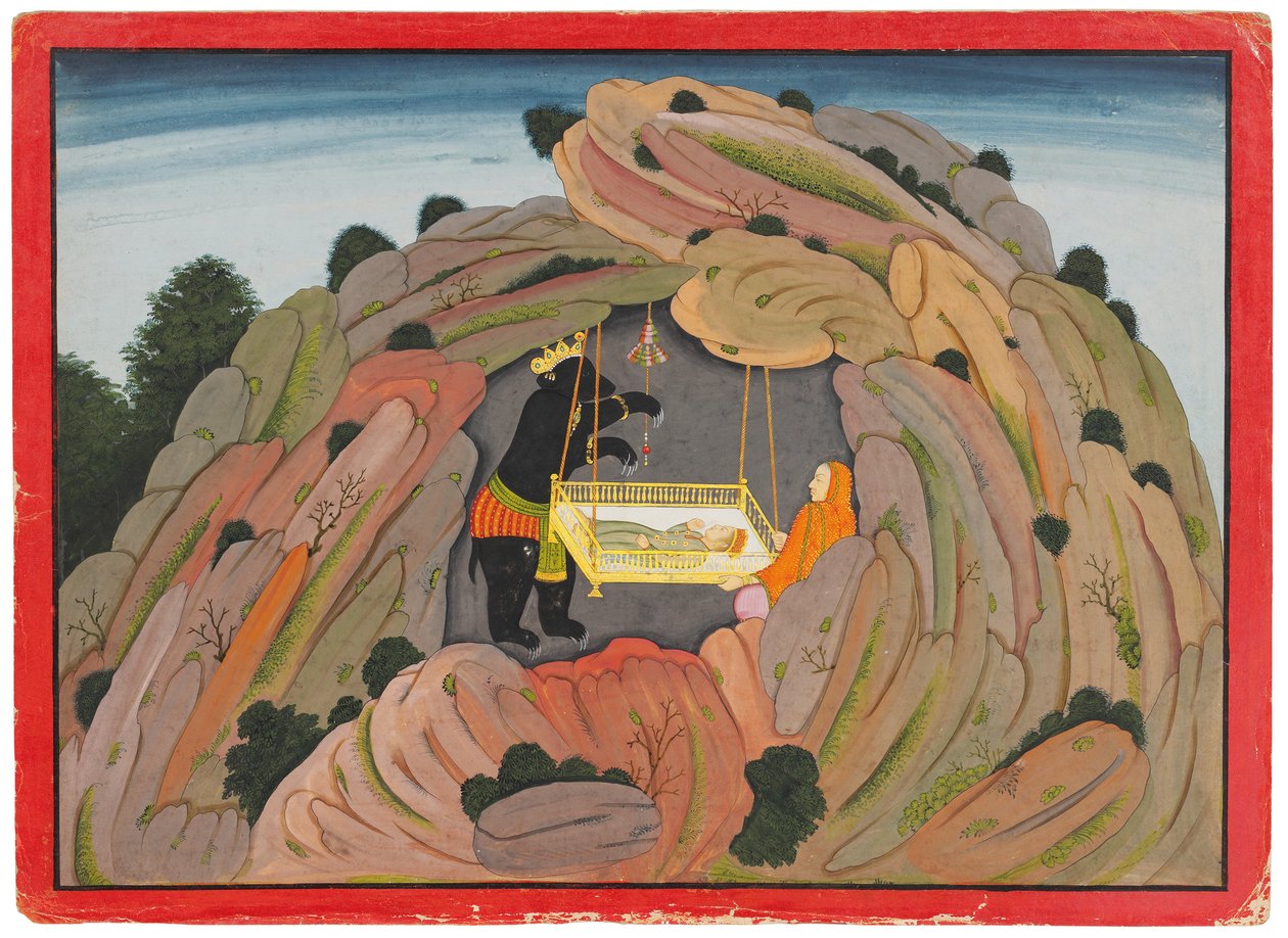 Ilustração para o Bhagavata Purana: Jambavan entrega a jóia Symantaka para sua filha brincar, c.1760-65 de Indian School