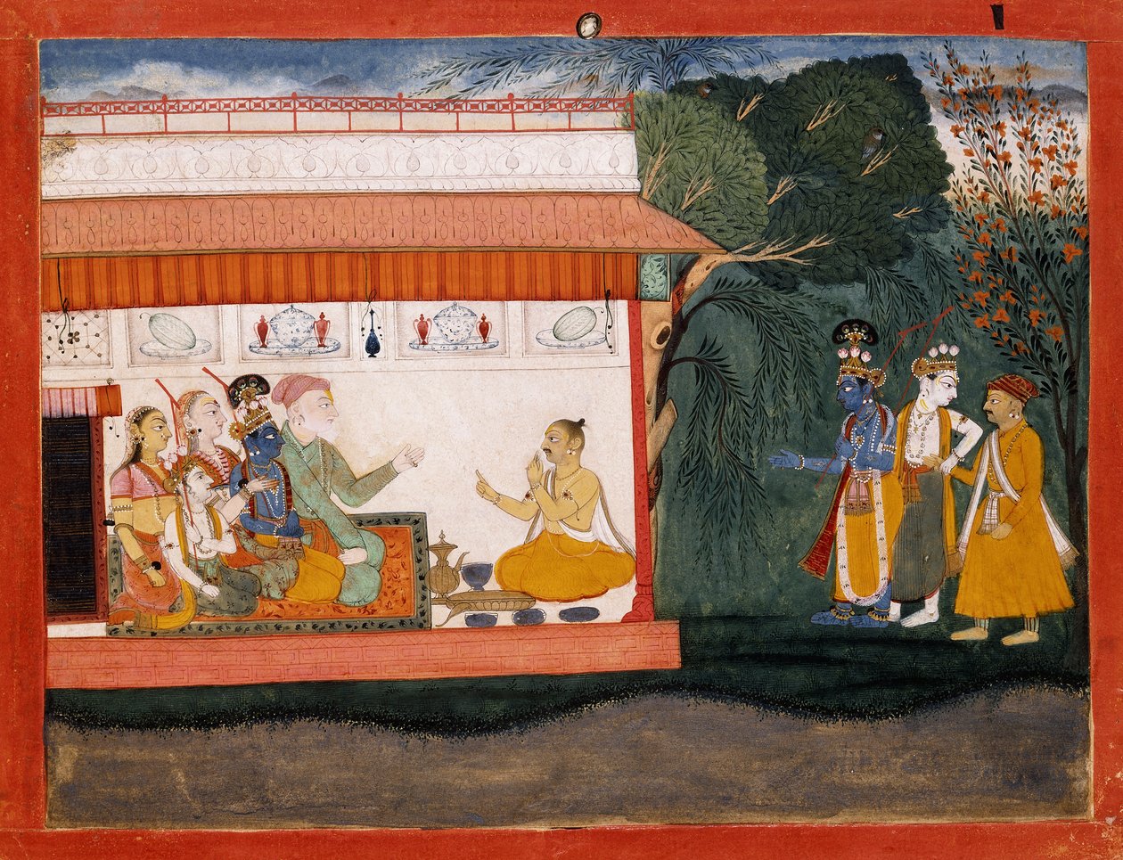 Ilustração do Bhagvata Purana representando Balarama tomando Akrura pela mão com seu irmão mais novo Krishna, c.1700 de Indian School