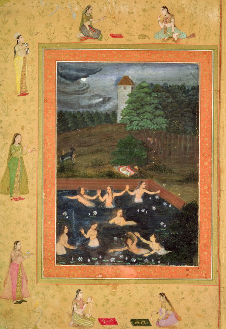Em. 07B.38r Oito mulheres tomando banho, c.1650 (atribuída ao Payag) de Indian School