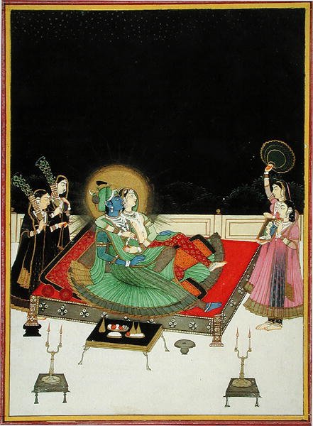 Para dentro. 67.23 Radha e Krishna admiram-se no espelho, c.1800 (vellum) de Indian School