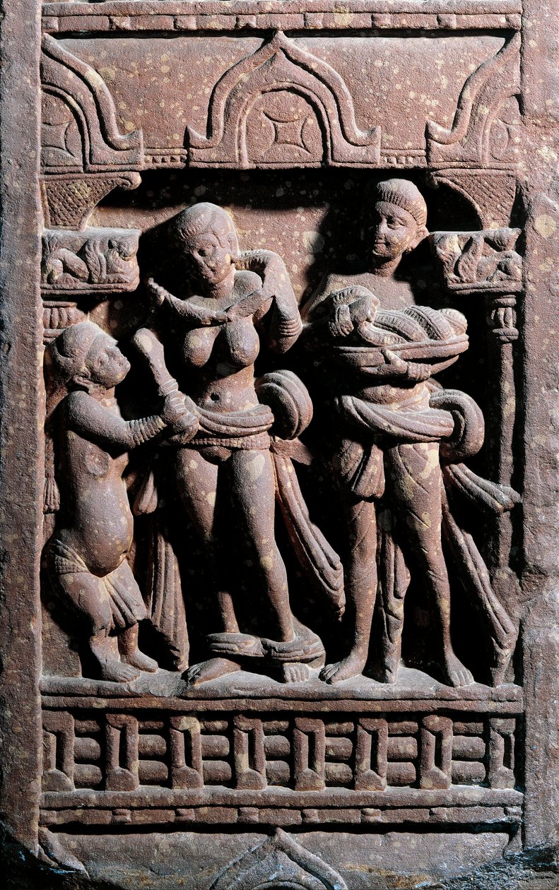 Arte Indiana: Sundarananda (Nanda) ajudando Sundari a ter o seu banheiro. Período Kouchane (Kushan ou Kushan) de Indian School