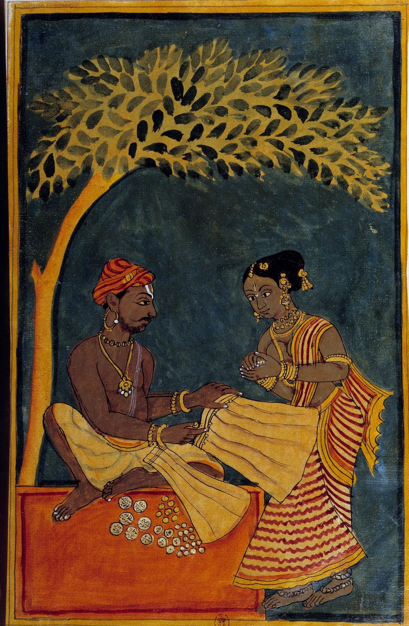 Arte indiana: um comerciante de tecidos. Aguarela por volta de 1760. Paris, B.N. de Indian School