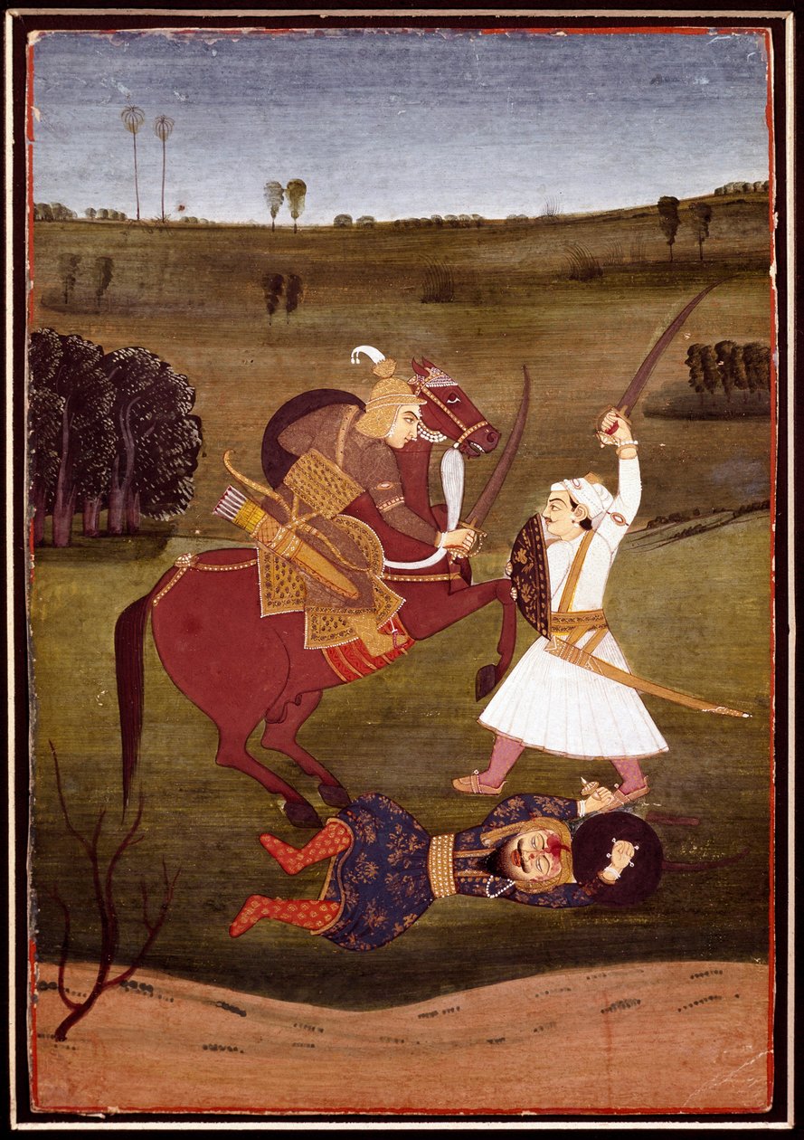 Arte indiana: "batalha entre um príncipe a cavalo e um guerreiro" Um demónio deitado no chão. Uma miniatura da escola de Bikaner. 1765 Coleção particular de Indian School