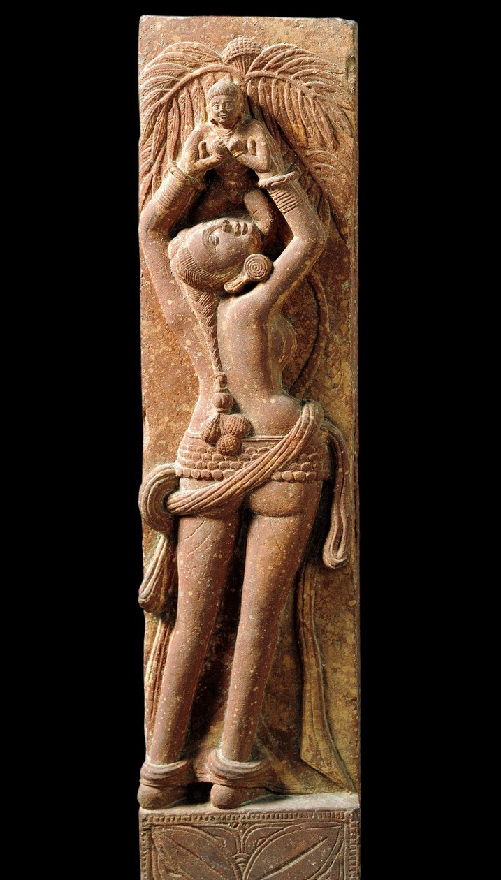 Arte indiana: meias em relevo representando uma mãe e seu filho. Período Kouchane (Kouchan ou Kushan) Século I - Nova Deli, museu nacional de Indian School