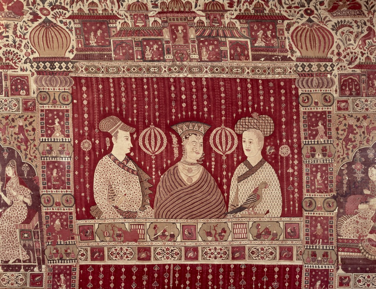 Mulher indiana com comerciantes europeus, região de Madras, Ahmedabad (algodão pintado) de Indian School