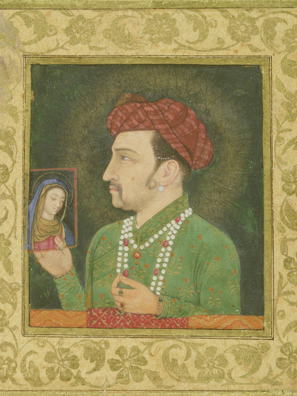 Jahangir com uma imagem de Nossa Senhora, inscrita em persa: Janhangir Shah, Mughal de Indian School