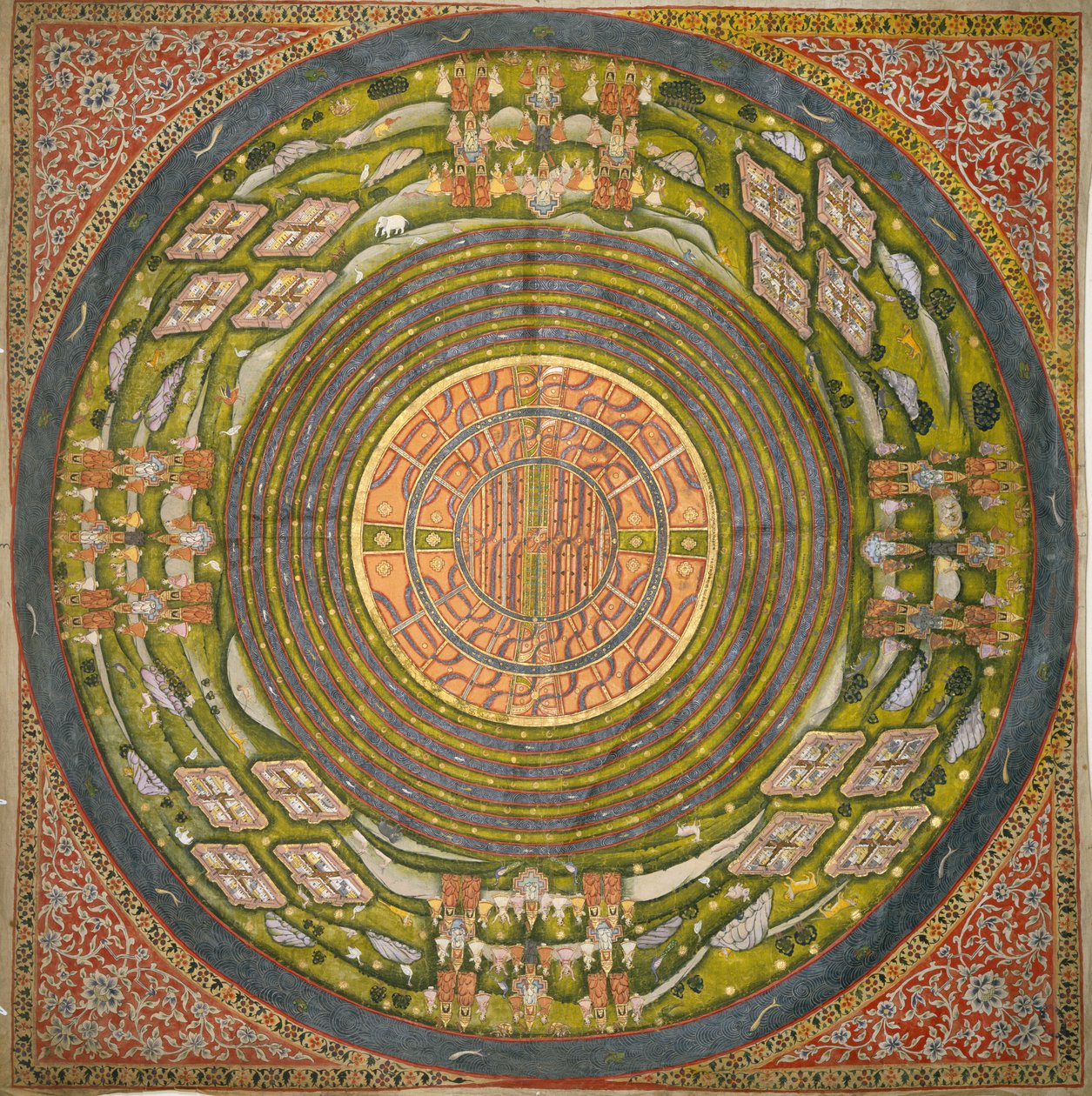 Diagrama Jain do universo (Jambudvipa) (guache sobre tecido de algodão) de Indian School