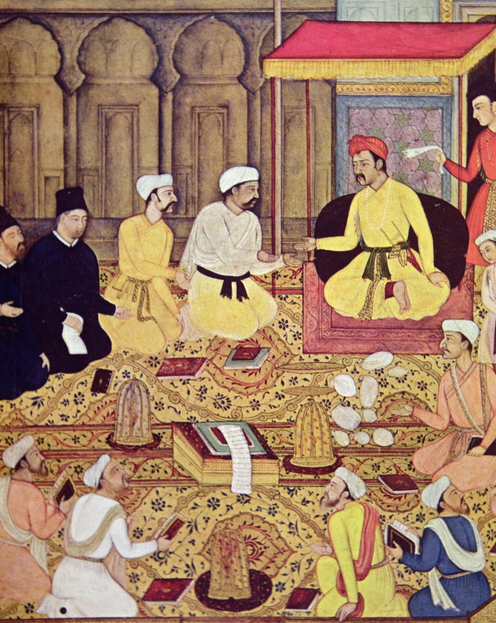 Jesuítas na corte de um príncipe indiano (guache no papel) de Indian School