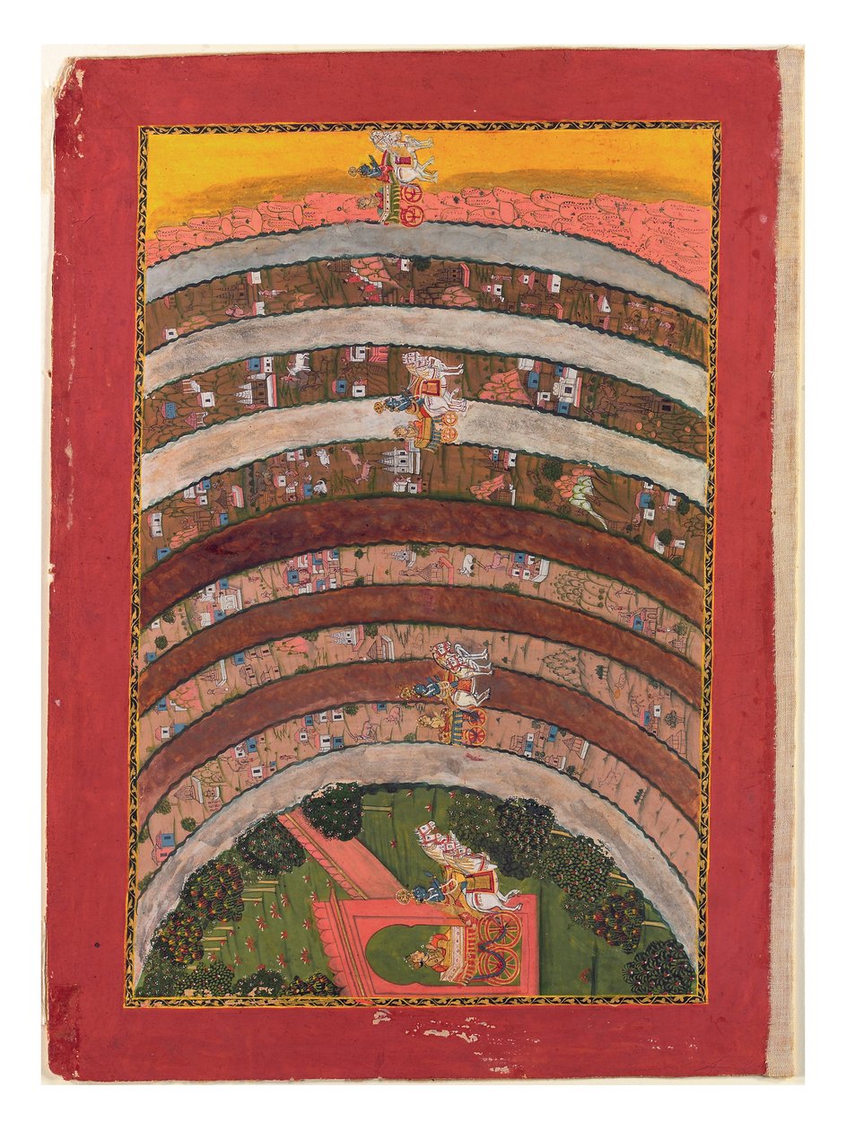 Percorrendo Terras Desconhecidas, das Viagens de Krishna em sua Carruagem, c.1750 (wc opaco, ouro e prata sobre papel) de Indian School