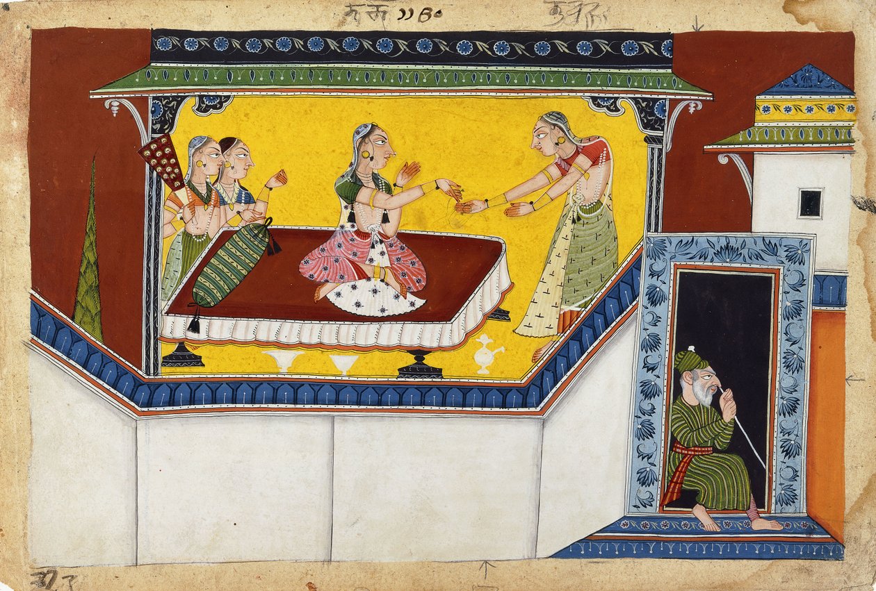 Kaikeyi, segunda rainha do rei Dasaratha, recompensando a serva corcunda Manthara, c.1690-1700 de Indian School