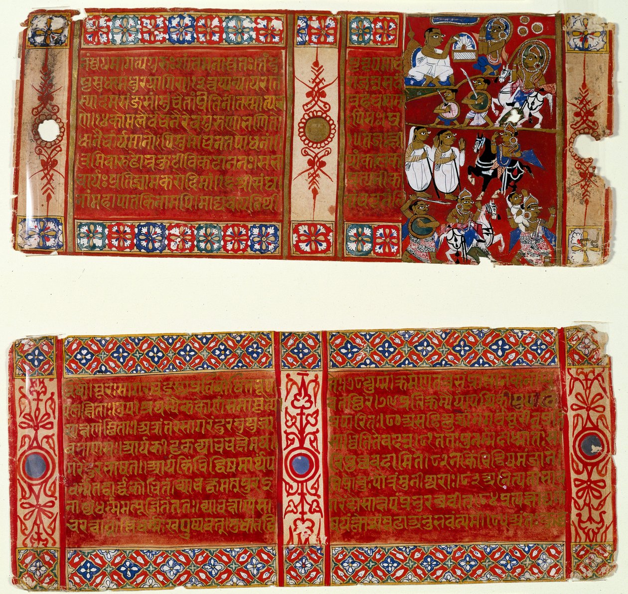 Kalaka se torna um monge jainista; Kalaka Abduta a Freira, duas folhas de um manuscrito Jain disperso do Kalakacharya-katha, Uttar Pradesh, c.1465 (wc e ouro sobre papel) de Indian School