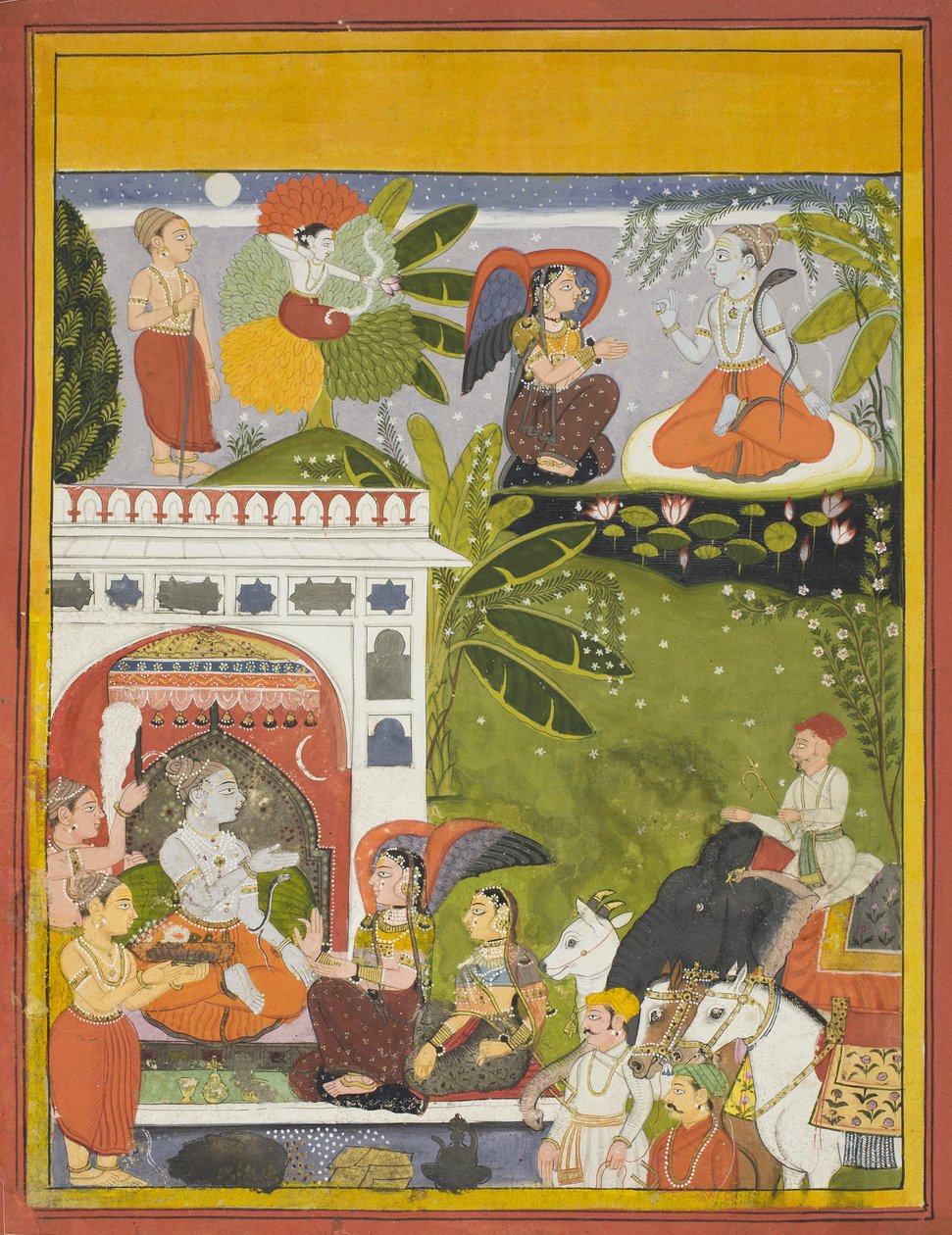 Kama dispara uma flecha de amor em Shiva, página de uma cópia de Gita-Gauri, Song of Gauri, c.1675-80 de Indian School