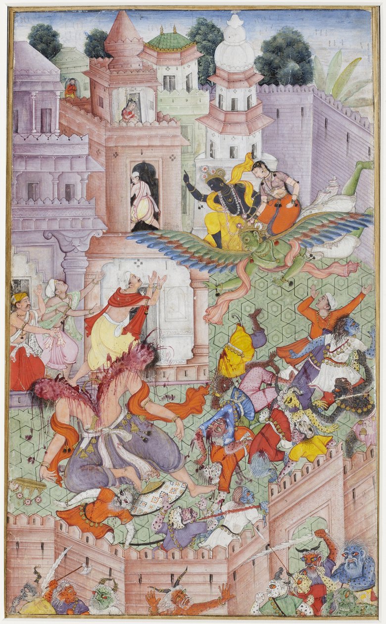 Krishna cliva o demônio Narakasura com seu disco, c.1585-90 (wc opaca e ouro no papel) de Indian School