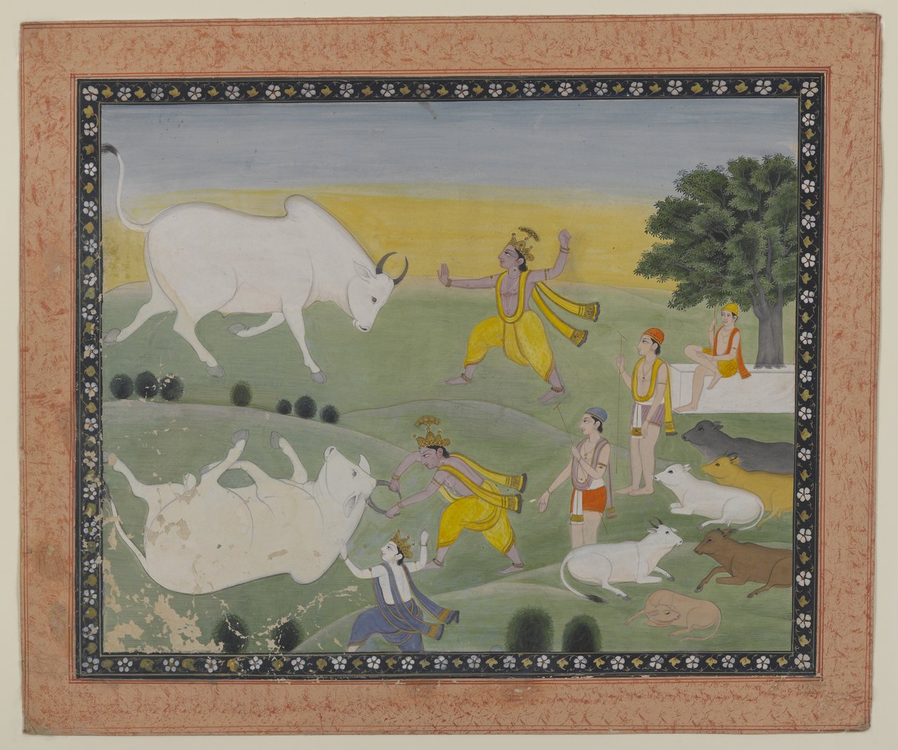 Krishna derrotando o Demônio Touro (aquarela sobre papel) de Indian School