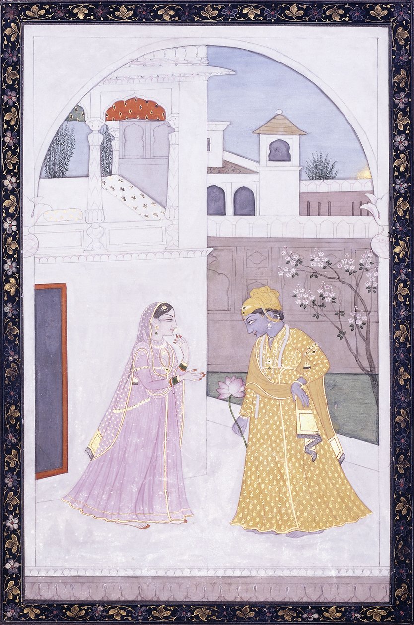 Krishna fica segurando uma flor de lótus, seu amante em um sari rosa, c. 1800 de Indian School