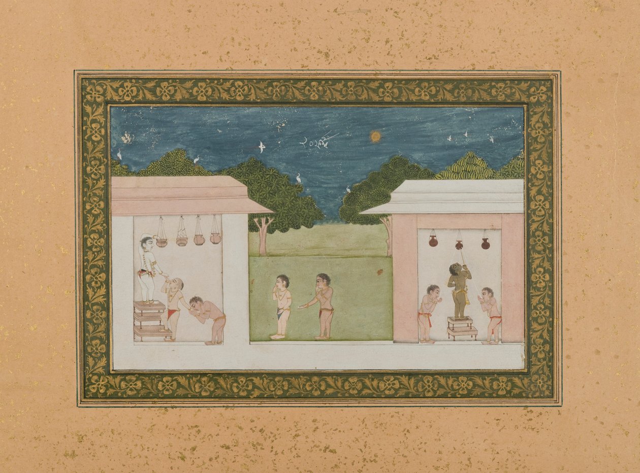 Krishna Stealing Curds, c.1775 (wc opaca e ouro sobre papel) de Indian School