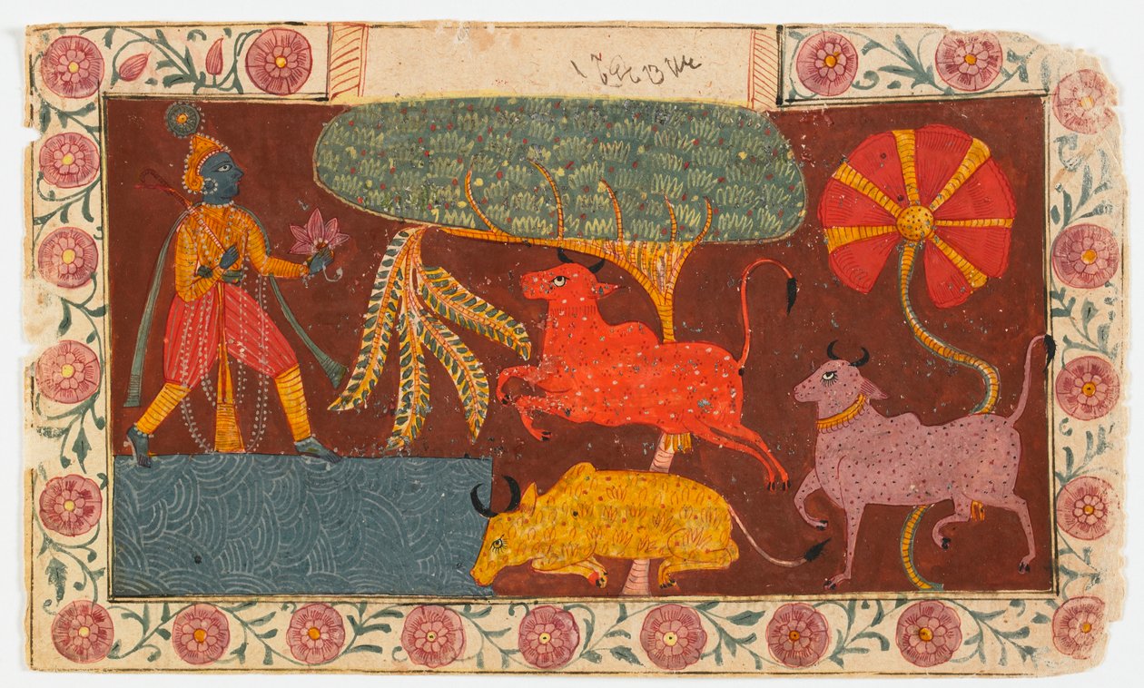 Krishna e as vacas em uma lagoa, de um Bhagavata Purana (wc opaca no papel) de Indian School