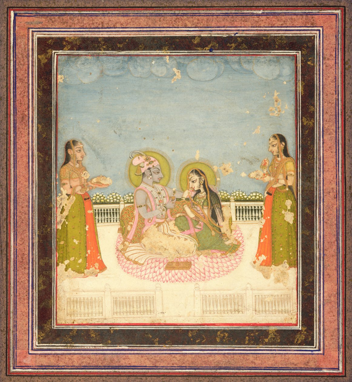 Krishna e Radha Sentados em um Terraço, c.1760-75 (wc, ouro e prata no papel) de Indian School