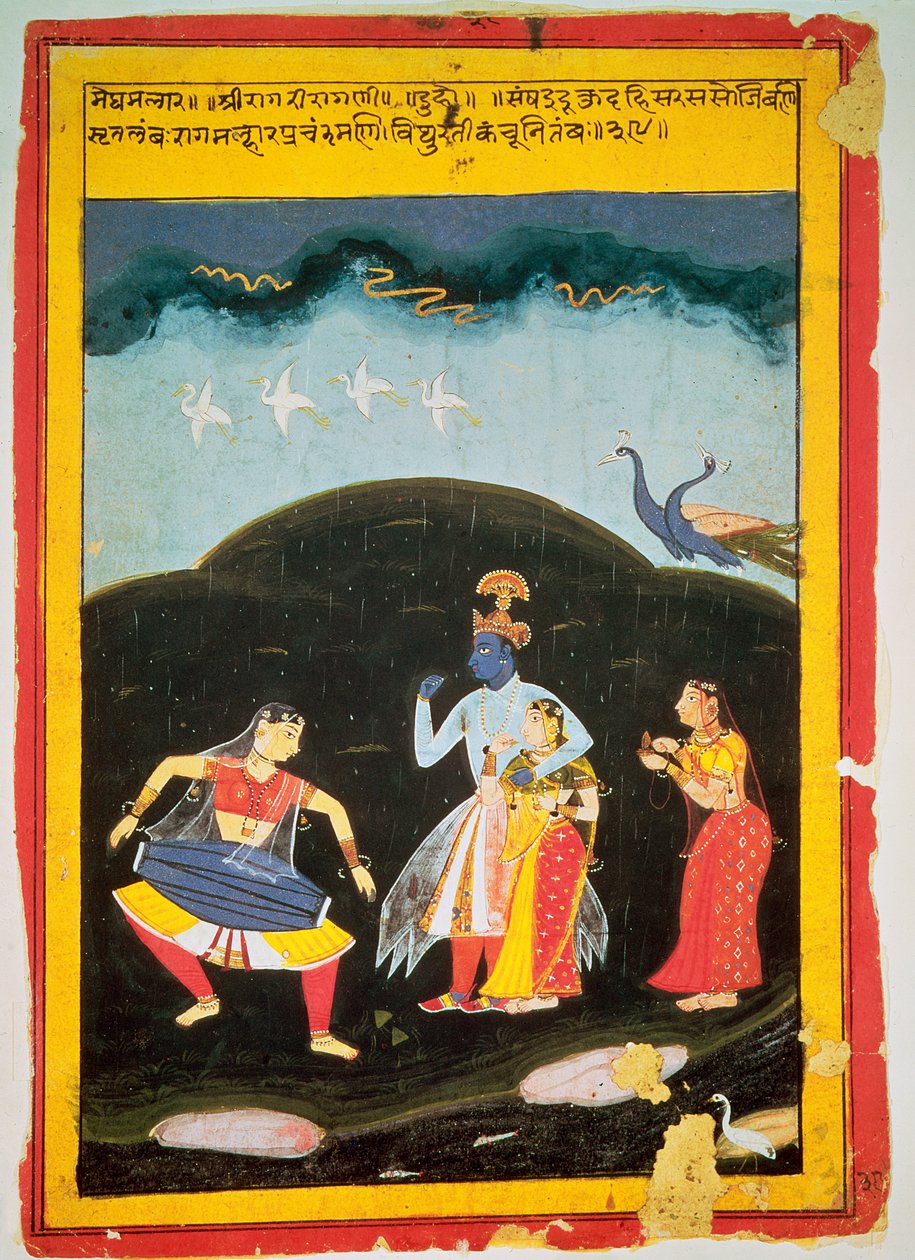 Krishna e Radha na chuva com dois músicos, Rajasthan de Indian School