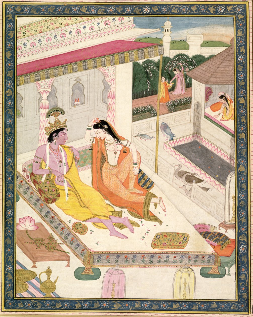 Krishna e Radha em uma cama em um palácio de Mogul, Punjab, c.1860 de Indian School