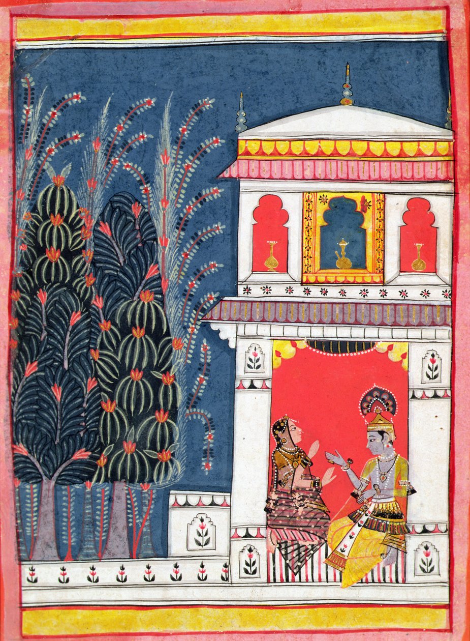 Krishna e uma dama em um pavilhão, c.1660 de Indian School