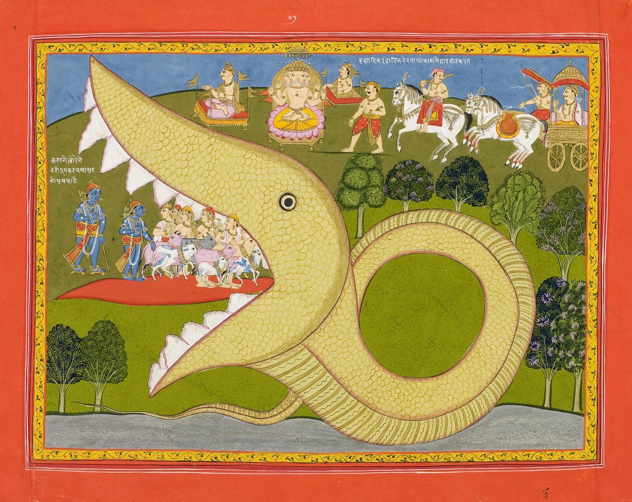 Krishna e os vaqueiros entram na boca de Agasuras, c.1800 (wc opaca e ouro no papel) de Indian School
