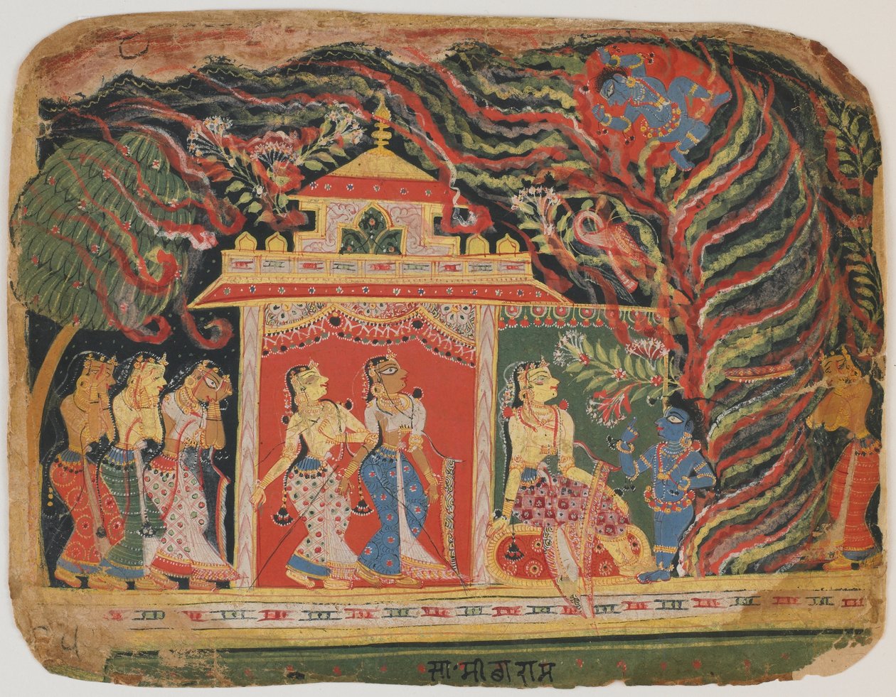 Krishna foi levado pelo Demônio do Remoinho, de um Bhagavata Purana. c.1520-30 (wc opaco no papel) de Indian School
