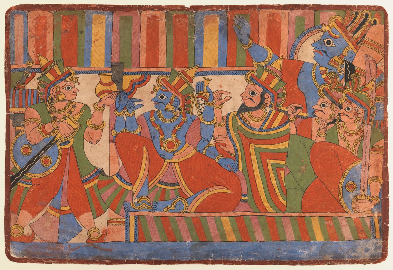 Krishna aconselha os líderes Pandava, c.1830-50 (wc opaco no papel) de Indian School