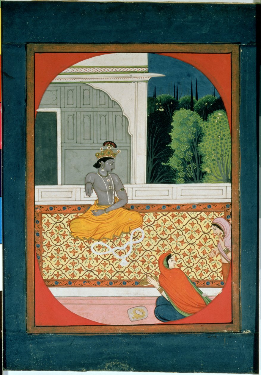 Krishna descarta sua guirlanda; uma ilustração para o Sat Sai de Bihari Lal, do século XIX de Indian School