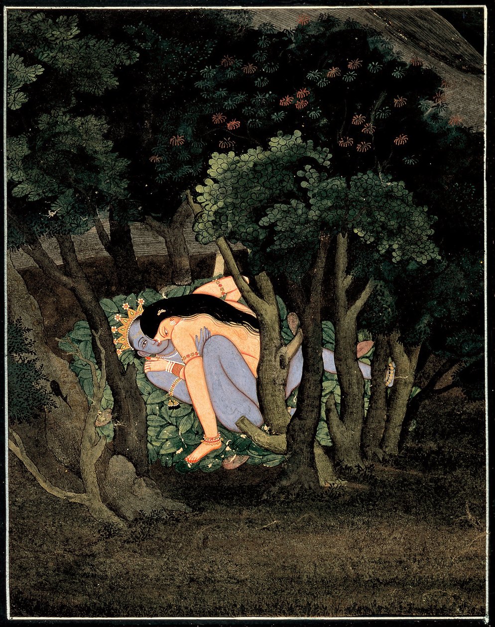 Krishna enlace par Radha (Krishna abraçado por Radha) - arte indiana, guache sobre papel, por volta de 1775 de Indian School