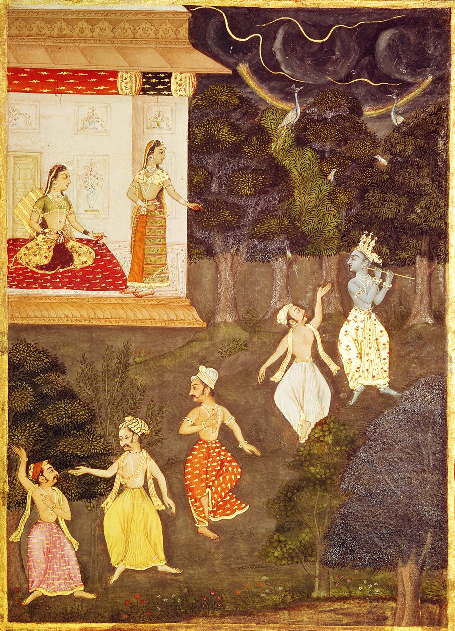 Krishna tocando flauta seguido por quatro dançarinos, Rajasthan de Indian School