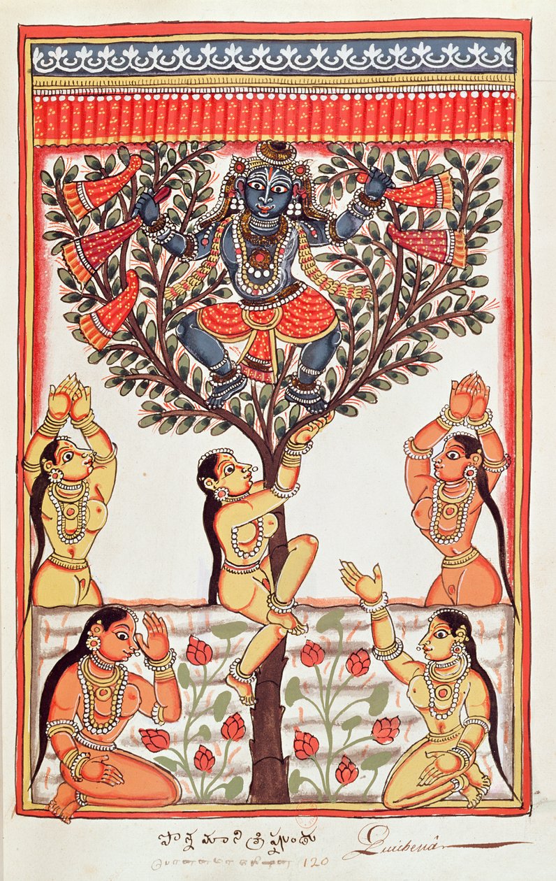 Krishna roubando as roupas do Gopi nadando no rio Yamuna (wc no papel) de Indian School