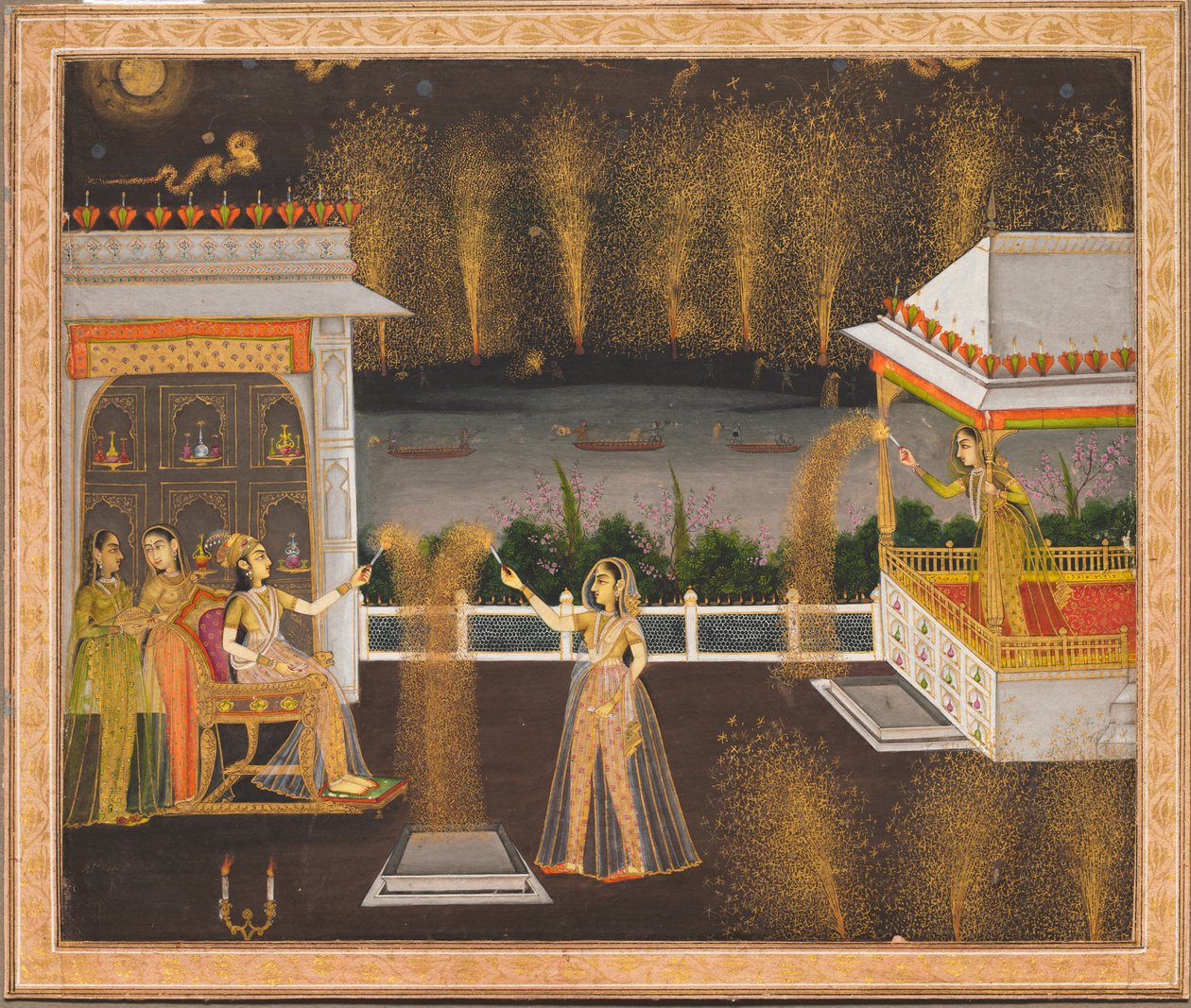 Senhoras a celebrar o Diwali, c.1760 (aguarela opaca e ouro sobre papel) de Indian School