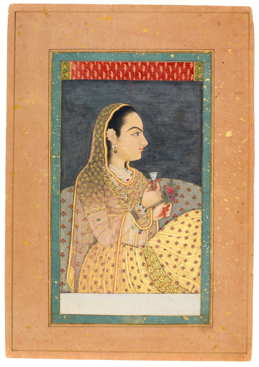 Lady segurando uma xícara e uma flor, início do século XVIII (wc com ouro e prata no papel) de Indian School