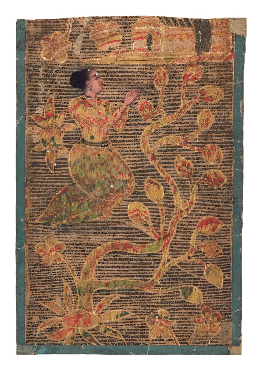 Senhora orando em um santuário, (wc opaca e ouro no papel) de Indian School