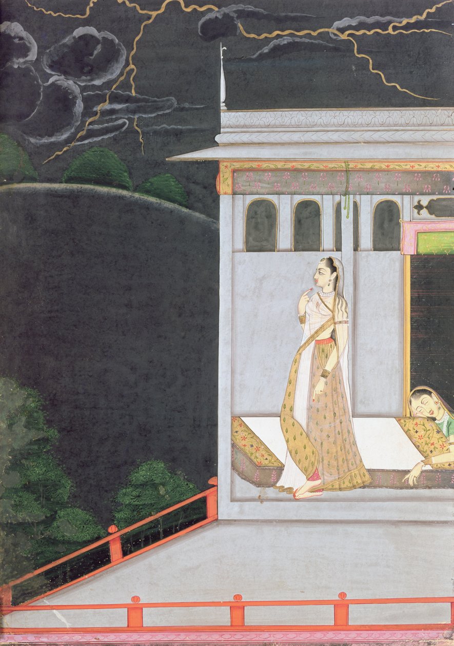 Lady esperando por seu amante, do &39;Vasakasayya Nayika&39;, uma das heroínas da retórica hindu, Punjab Hills, c.1760 de Indian School