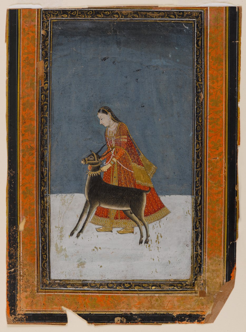 Senhora com um fanfarrão preto, c.1750 (wc e ouro no papel) de Indian School