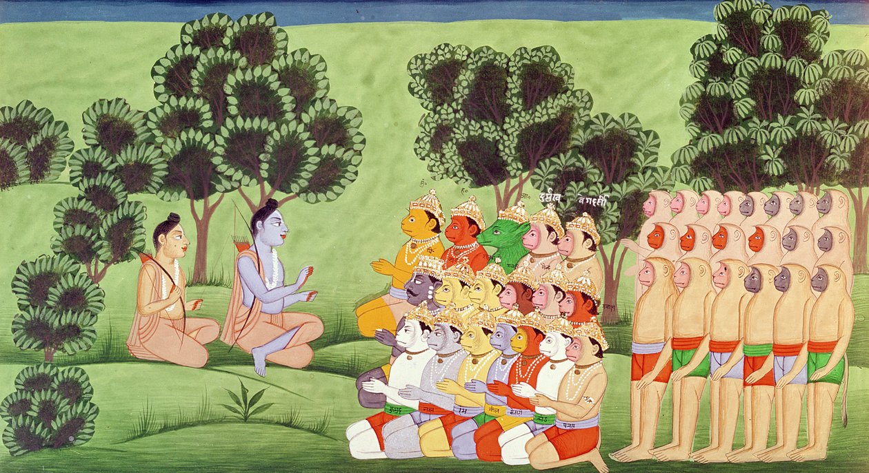Lakshmana Consultando as cabeças dos exércitos de macacos, do Ramayana de Indian School