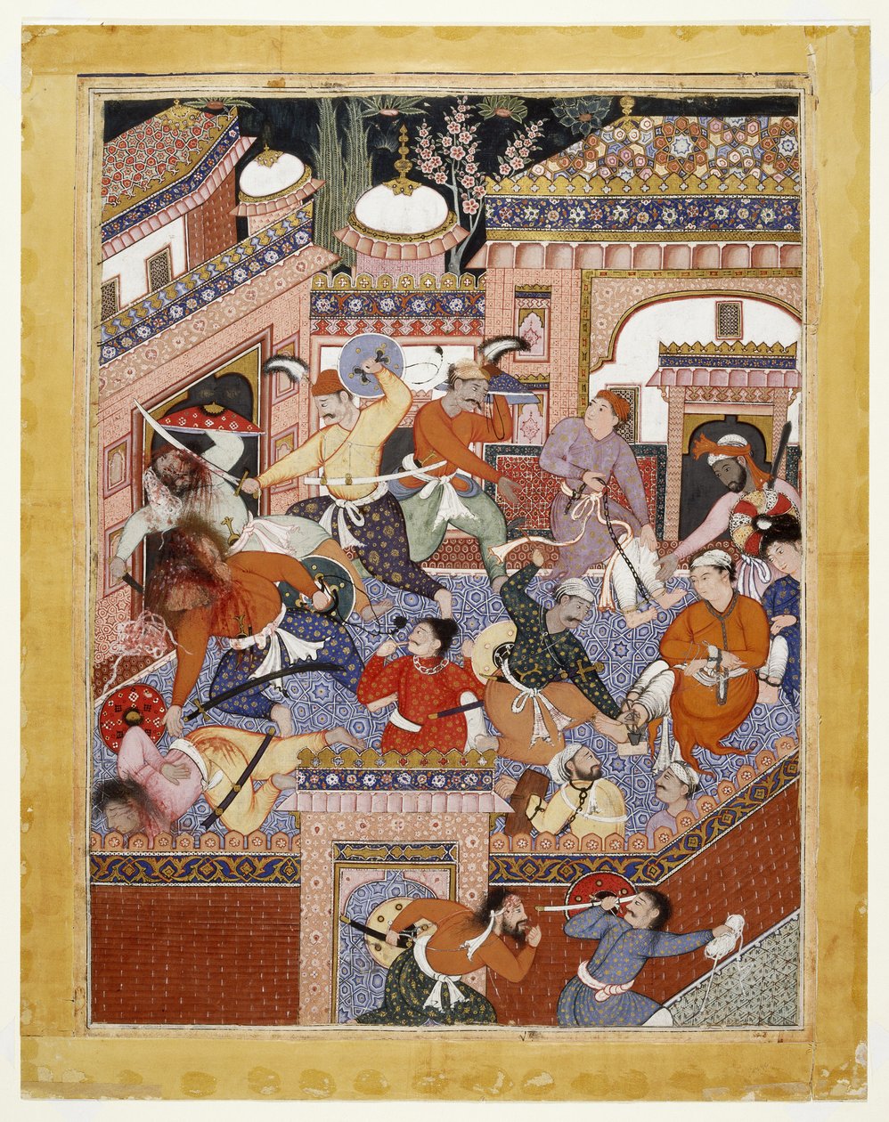 Liderados por Songhur Balkhi e Lulu, o Espião, os Ayyars cortam as gargantas dos Guardas Prisioneiros e o Livre Disse Farrukh-Nizhad, 1557-1572 (aquarela opaca e ouro em tecido de algodão) de Indian School