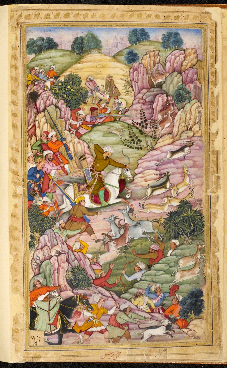 Caça ao Imperador Babur, entre Ali Shang e Alangar, na região de Cabul (Afeganistão). Miniatura do manuscrito persa Vaqi at i Baburi, Memórias do Imperador Mongol Babur (Zahir ud din Muhammad) (1483-1530), Índia, ca. 1590 The British Libra de Indian School
