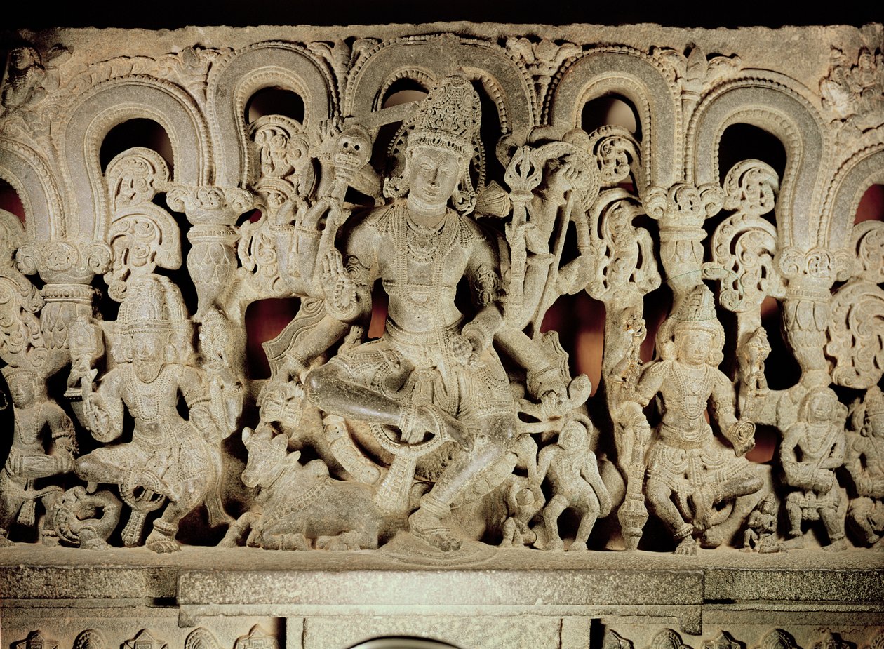 Lintel com trindade hindu, de Waranal, Andhra Pradesh, dinastia Kakatiya de Indian School
