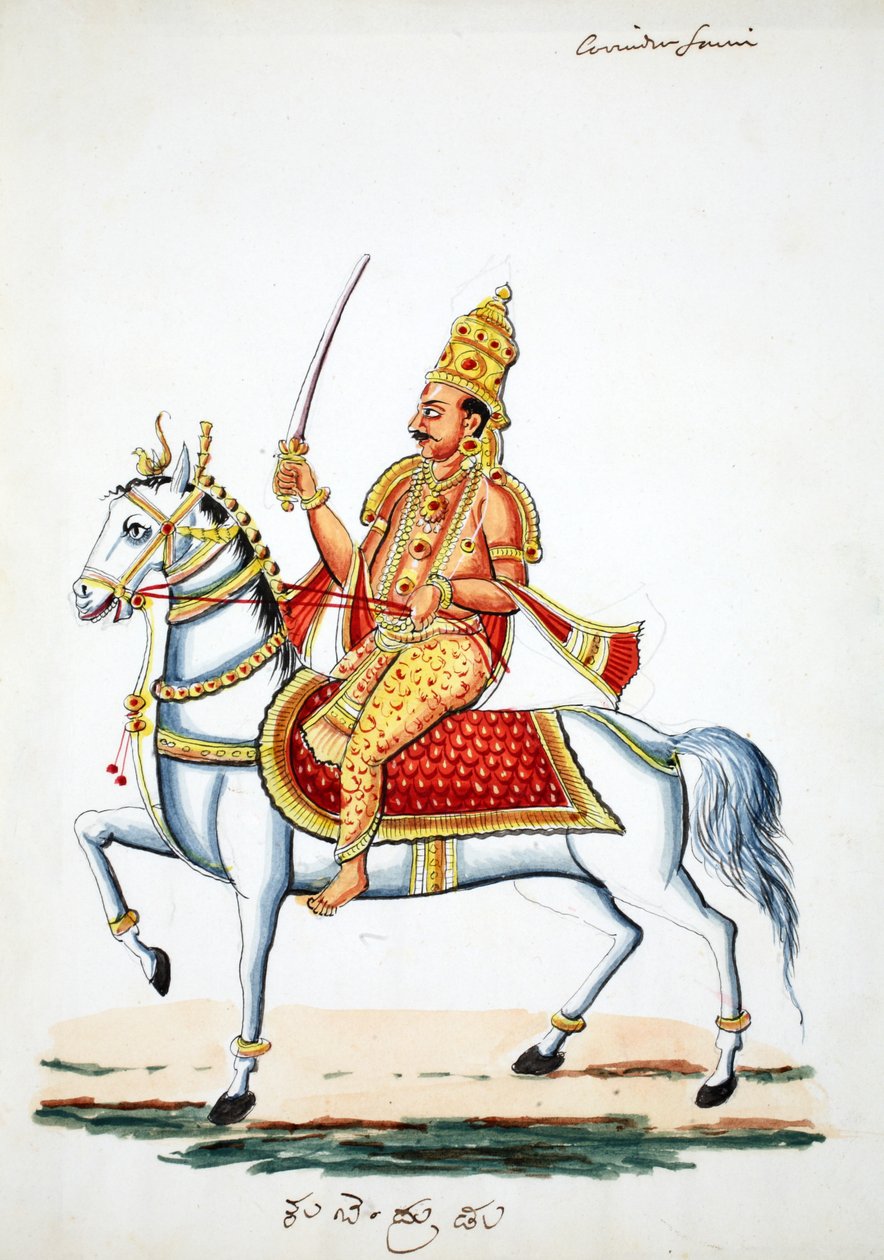 Senhor Kalki em seu cavalo Devadatta com espada na mão (wc no papel) de Indian School