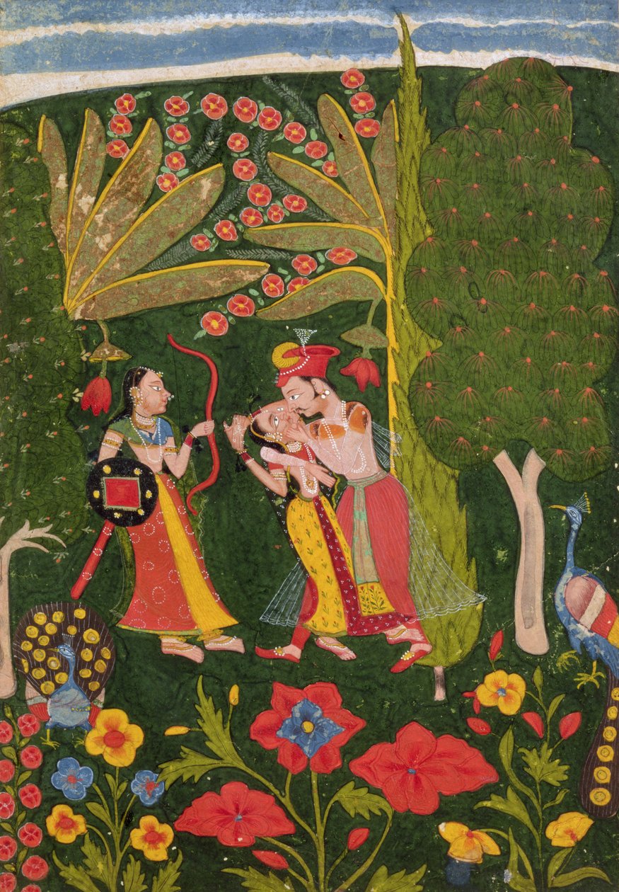 Amantes Abraçando Numa Floresta, Bundi, c.1650 (guache sobre velino) de Indian School